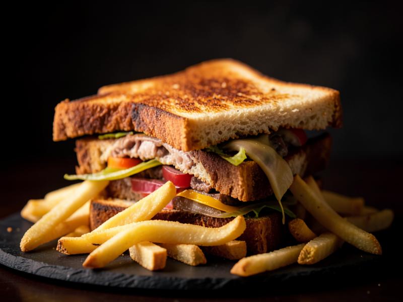 Towering club sandwich with fries