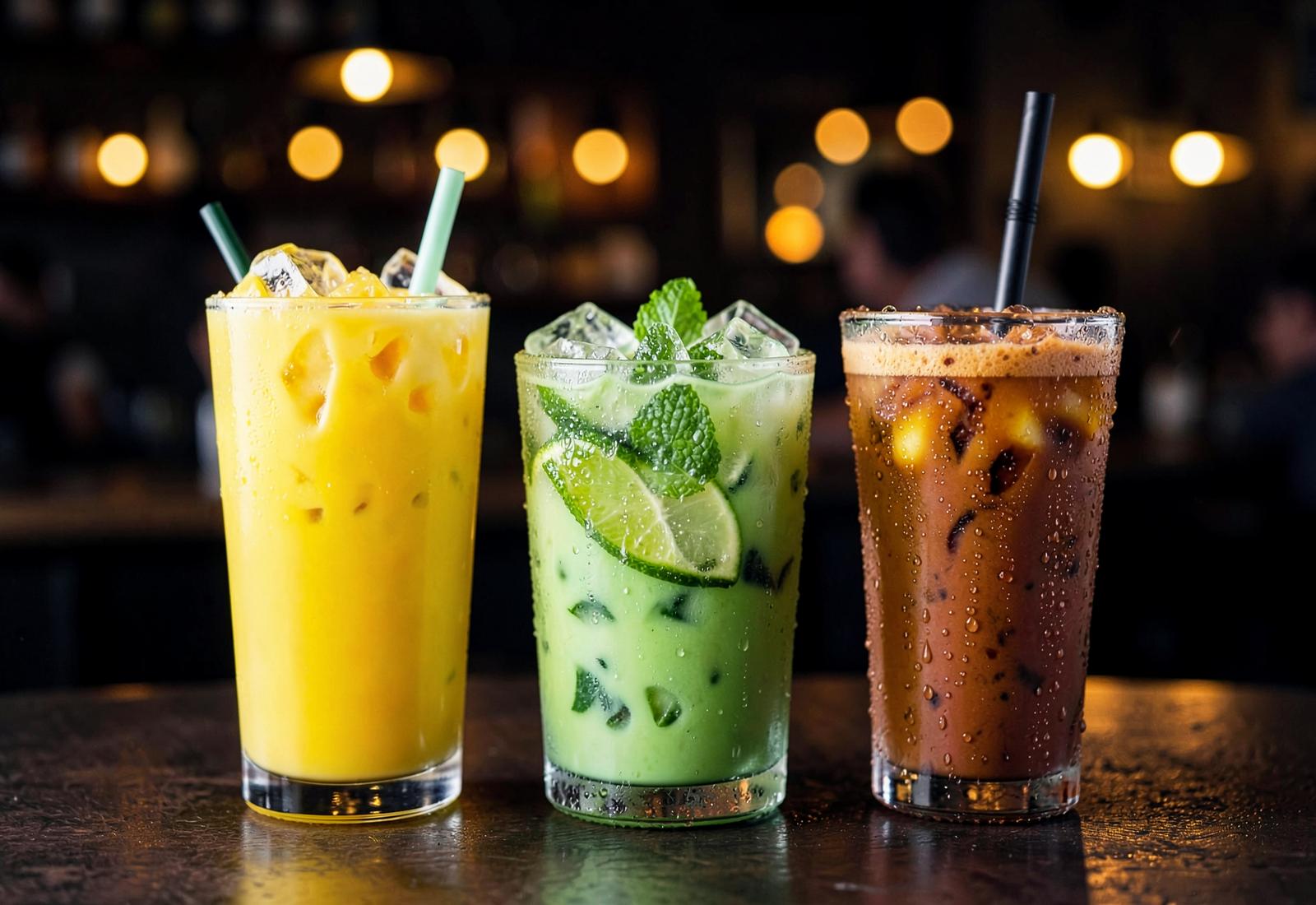 Mango milkshake, mint cooler and iced karak